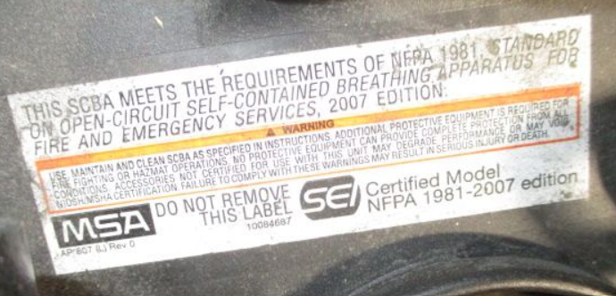 SCBA Label showing SEI Certification Mark and NFPA Compliance Statement